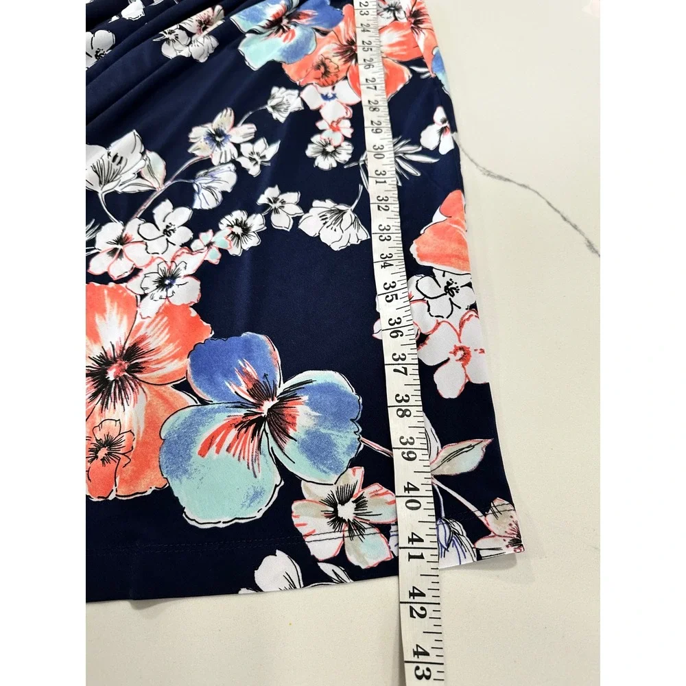 Connected Apparel Floral Bell Sleeve Faux Wrap Sheath‎ Dress Navy Coral 14